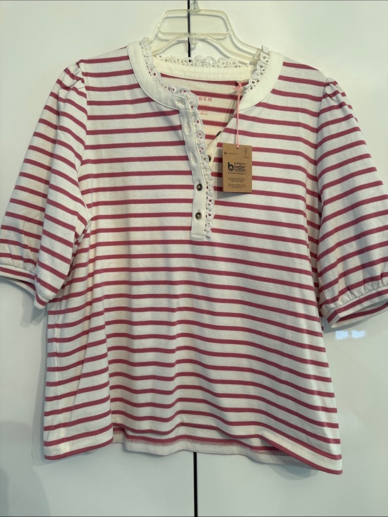 Boden Tops - NWT Boden Striped Puff-Sleeve Henley Top in Pink and White